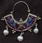 Byzantine earring with cloisonné dogs, silver granules,and pendant pearls