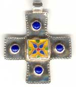tiny Byzantine cross pendant, set with 
lapis cabachons and cloisonné 