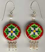 earrings set with cloisonné in a Byzantine medallion design, with pearl drops