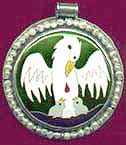heraldic pelican, green background, pearl edge setting